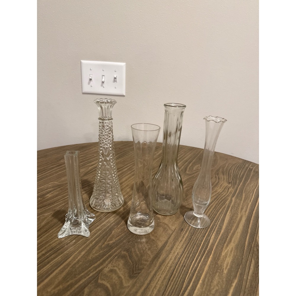Vintage and Modern Bud Vases Lot of 5 Clear Glass Assorted Ribbed Diamond Styles